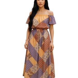 Strapless Boutique Midi Dress Size L Great Colors Slit on side NWOT